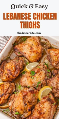 chicken thighs with lemons and herbs in a white casserole