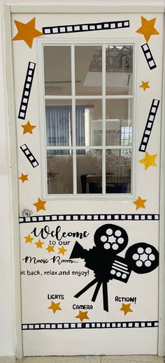 a door decorated with film and stars