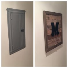 two pictures with the letter m on them and one has a metal door in it