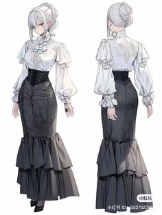 an anime character wearing a long skirt and white shirt with ruffles on it