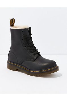 Atlas leather upper/Faux fur lining/AirWair sole/Visible yellow stitching/Scripted heel loop/Not eligible for promotions | Only ships within the USA Dr Martens Womens, Fur Lined Boots, Mid Calf Boots, Dr. Martens Boots, Dr. Martens, Boot Shoes Women, Mid Calf, Winter Wonderland, Black Boots