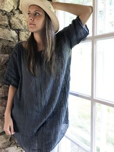 "Soft and gauzy linen tunic top - excellent for layering and as a stylish cover. Lightweight and pleasant to wear in hot summer days. Made from 100% pure, gauzy blue-grey linen. Light and airy with a loose cut for your comfort. An eco-friendly choice. Available also in snow white and khaki green. The top will be custom made for you with great attention to finishing. Each piece is individually cut, sawn and pre-washed. We really love making various sizes - from petit to plus size and more. For th Spring Vacation Lagenlook Linen Dress, Summer Lagenlook Blouse, Linen Long Sleeve Beach Top, Summer Tunic Blouse For Layering, Long Sleeve Linen Tops For Beach, Flowy Lagenlook Top For Summer, Lagenlook Tunic For Layering With Relaxed Fit, Summer Flowy Lagenlook Top, Beach Long Sleeve Linen Tops