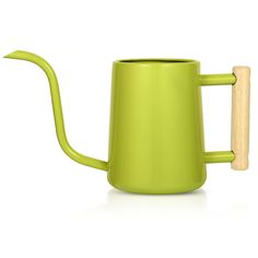 a green watering can with a wooden handle on the side, and a white background