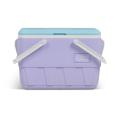 a purple and blue cooler with two handles