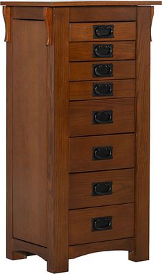 a wooden cabinet with five drawers and black handles