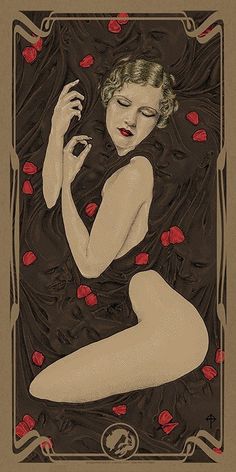 a drawing of a woman with red roses on her body