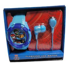 a blue watch and earphones in a box with an image of paw patrol on it