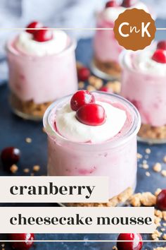 three small desserts with cherries and oatmeal in them on a table