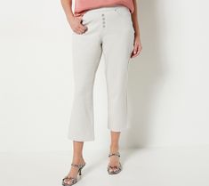 These Flexibelle crop jeans were just made for sunny days (and showing off your cutest sandals or wedges!). A classic five-pocket design makes them a versatile choice for every warm-weather wardrobe. From Belle by Kim Gravel. Cropped Denim Pants, Kim Gravel, Womens Cropped Jeans, Cropped White Jeans, Pearl Cuff, Grey Clouds, Pull On Jeans, Cuffed Jeans, Cute Sandals