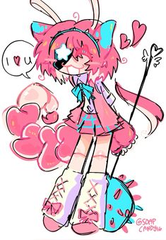 a drawing of a girl with pink hair and blue eyes holding a heart shaped object