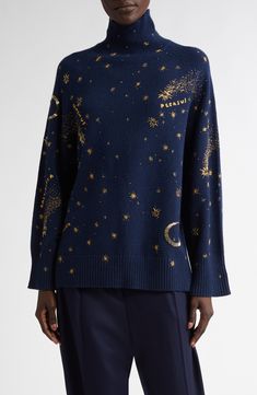 This runway-featured sweater knit from cozy virgin-wool yarn takes inspiration from the night sky with golden-thread embroidery of star constellations and moonstruck beadwork. 26 1/2" length (size Medium) Turtleneck Long sleeves Ribbed cuffs and hem 100% virgin wool Dry clean or hand wash, dry flat Imported Designer Clothing Wool Turtleneck Sweater, Maternity Sleepwear, Golden Thread, Star Constellations, Wool Turtleneck, Thread Embroidery, Beauty Awards, The Night Sky, Cashmere Coat