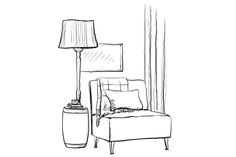 a black and white drawing of a living room with a chair, lamp and window