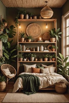 a bedroom with plants and wicker furniture