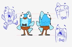 two cartoon fish with different facial expressions on their faces, one in the process of drawing