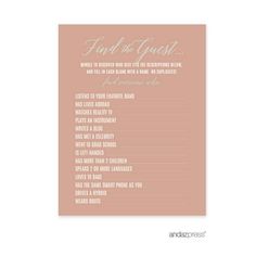 a pink and white wedding game with the words find the guest on it