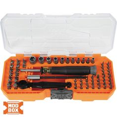 an orange tool box with tools in it