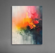 an abstract painting on a wall with flowers in the foreground and a grey background