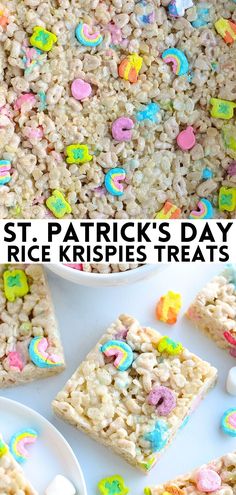 rice krispies treats are arranged on plates with the words st patrick's day rice krispies treats