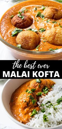 the best ever malaysian kofta is served in a bowl with rice and garnish