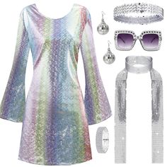 a women's outfit with accessories including sunglasses, necklaces and bracelets