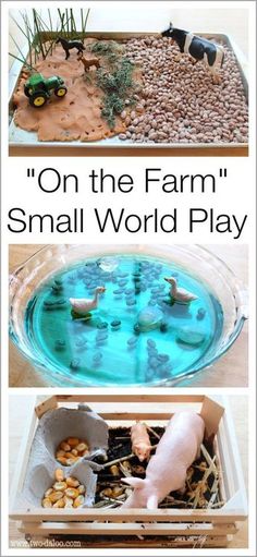 an image of farm animals in a small world play area with text on the top and bottom