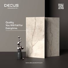 an ad for degus is displayed on the wall next to a vase with flowers in it