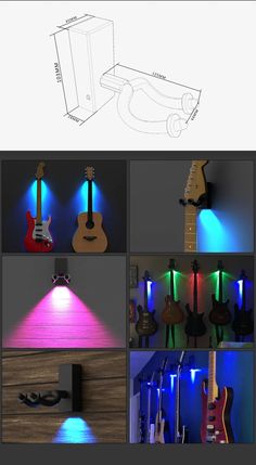 several different images of guitars and lights in various stages of being displayed on the wall