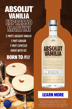 a bottle of absolut vanilla martini next to an image of desserts on a table