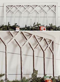 two pictures of christmas decorations hanging on the wall