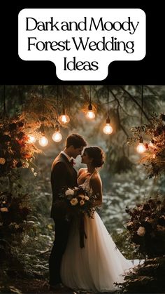 A bride and groom standing under dim, enchanting forest lighting, surrounded by rich, moody floral arrangements and greenery, creating a romantic and elegant wedding atmosphere.