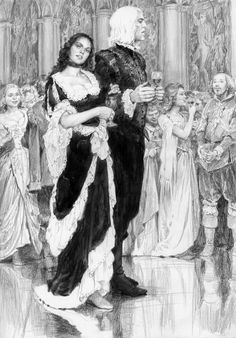 a black and white drawing of a man holding a woman's hand in front of other people