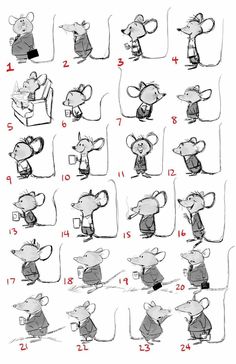 the instructions for how to draw mice in different poses, with numbers on each side