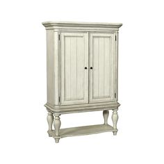 a white cabinet with two doors and shelves