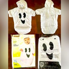 two baby onesuits with faces on them, one is white and the other is black