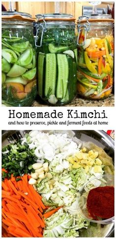 several jars filled with different types of vegetables