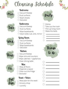 the cleaning schedule is shown with green watercolors