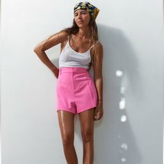 High Waist Shorts With False Front Welt Pockets. Pronounced Topstitching Detail. Front Zip, Button, And Metal Hook Closure. Lay Flat Measurements Waist- 16” Hips- 20” Trendy Spring Pants With Built-in Shorts, Chic Spring Bottoms With Built-in Shorts, Chic High Waist Pants With Built-in Shorts, Zara Bottoms With Built-in Shorts, Pink Short Length Pants For Spring, Chic High-waist Summer Bottoms, Chic High Waist Summer Bottoms, Chic Shorts With Short Inseam, Pink Spring Shorts