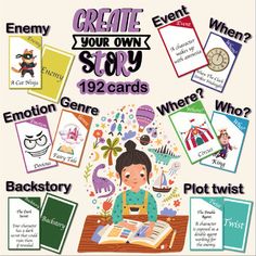 a poster with pictures and words on it that say, create your own story 120 cards