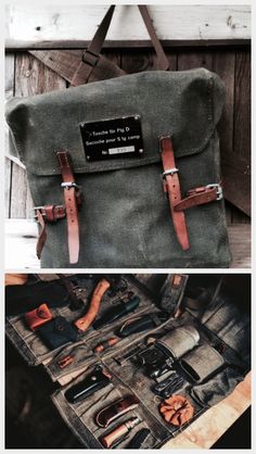 Vintage Swiss Army Canvas & Leather Tool Bag Leather Tool Bag, Canvas Tool Bag, Bushcraft Gear, Tooled Leather Bag, Tool Bags, Bag Diy, Survival Tools, Camping Survival