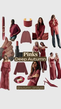 This collage showcases a range of warm, rich pinks perfect for a Deep Autumn color palette. The images include cozy knits, textured accessories, elegant satin dresses, and a deep pink lipstick that complements the earthy undertones of Deep Autumn. The tones range from muted rose to deeper berry, enhancing the warmth and sophistication of fall fashion. Ideal for those who love grounded, autumnal hues that bring depth and vibrancy to their wardrobe Autumn Style Inspiration, Deep Autumn Palette, Autumn Color Palette Fashion, Earthy Pink, Warm Fall Outfits, Deep Autumn Color Palette, Autumn Color Palette, Deep Autumn, Dark Autumn