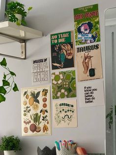 several posters are hanging on the wall above a desk with a potted plant and other office supplies