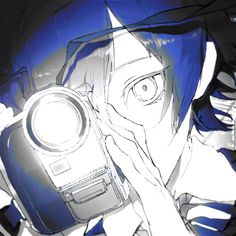 an anime character holding a camera in front of his face