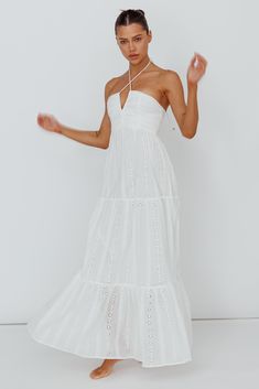 Asiah Halterneck Maxi Dress Eyelet White by Selfie Leslie Embroidery Maxi Dress, Eyelet Embroidery, Long White Dress, Split Maxi Dress, Eyelet Dress, Date Night Dresses, Summer Ideas, White Eyelet, White Maxi