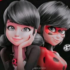 two cartoon ladybug girls with black hair and polka dots on their faces, one has her chin resting on the other's hand