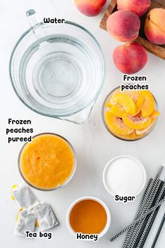 ingredients to make peach ice cream laid out on a white counter top with text overlay