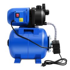 a blue air compressor with a black hose connected to it