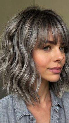 Glamorous Face-Framing Layers for Medium Length Gray Hairstyles With Bangs Medium, Gray Hairstyles With Bangs, Hair Wishlist, Shaggy Haircut, Bangs Medium Length, Medium Length Hairdos, Grey Blending, Long Shag Hairstyles, Grey Hairstyles