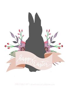 the silhouette of a dog with flowers around it and a ribbon that says happy easter