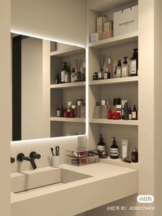 a white sink sitting under a bathroom mirror next to a shelf filled with personal care items