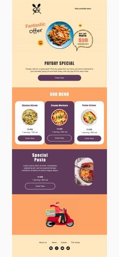 an image of a website page with food items on the front and back pages, including pizza